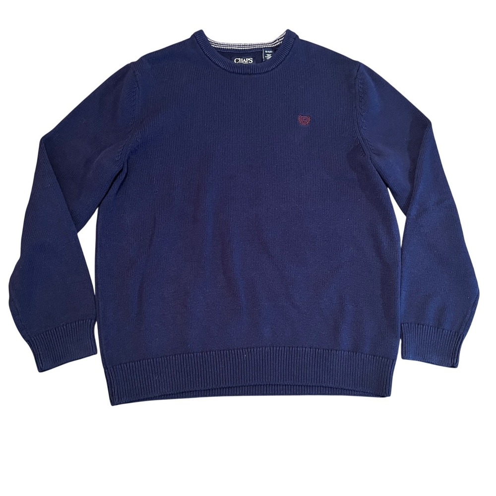 Chaps Mens Navy‎ Blue Crew Neck Long Sleeve Sweater XL Burgundy Logo Casual